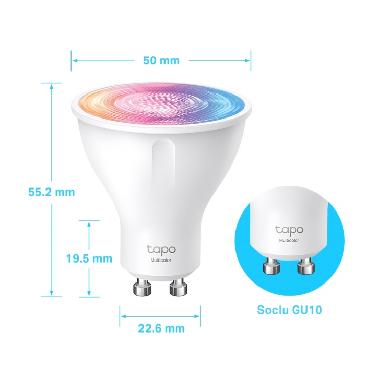 Imagine Bec LED inteligent Wi-Fi Smart GU10 Multicolor reglarea temperaturii/intensitatii, TP-LINK Tapo L630